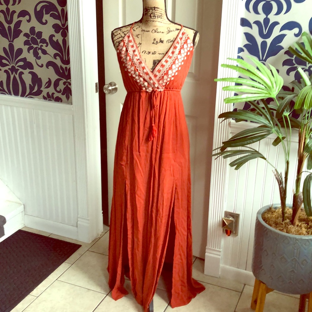 SOLD!!Rust Color Low Cut  Maxi Dress w/ Slits